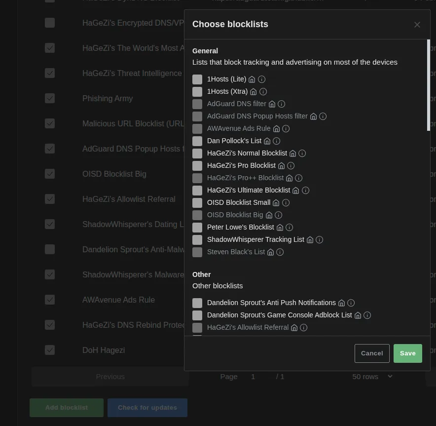 AdGuard Home Add Blocklist dialog showing available built-in lists
