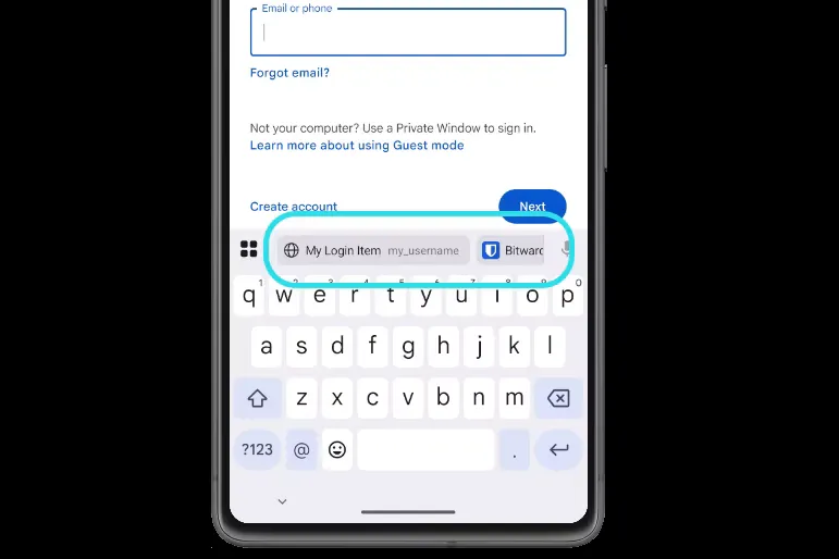 Bitwarden mobile autofill prompt showing inline