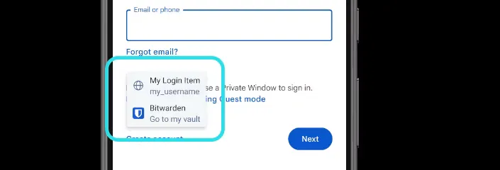 Bitwarden mobile autofill prompt showing Popup