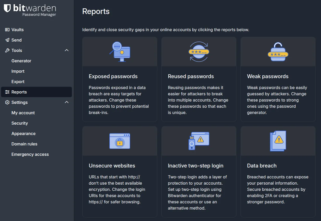 Bitwarden security audit report showing password health analysis