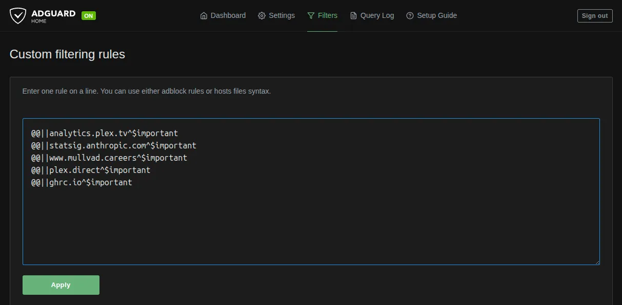 AdGuard Home Custom Filtering Rules page
