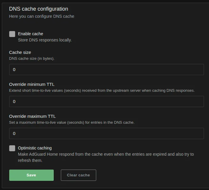 AdGuard Home DNS Cache Configuration set to zero