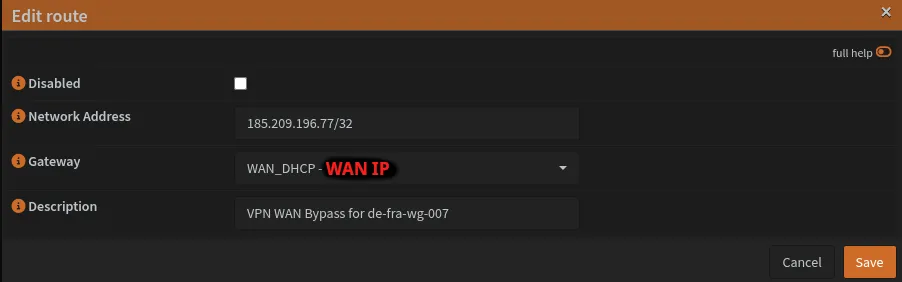 Edit Static Route Sreenshot