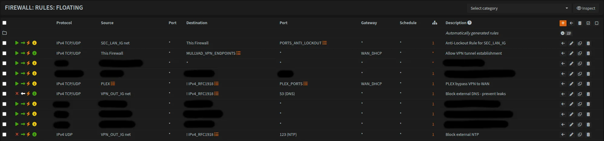 OPNsense floating firewall rules with anti-lockout, VPN tunnel establishment, and DNS/NTP leak prevention