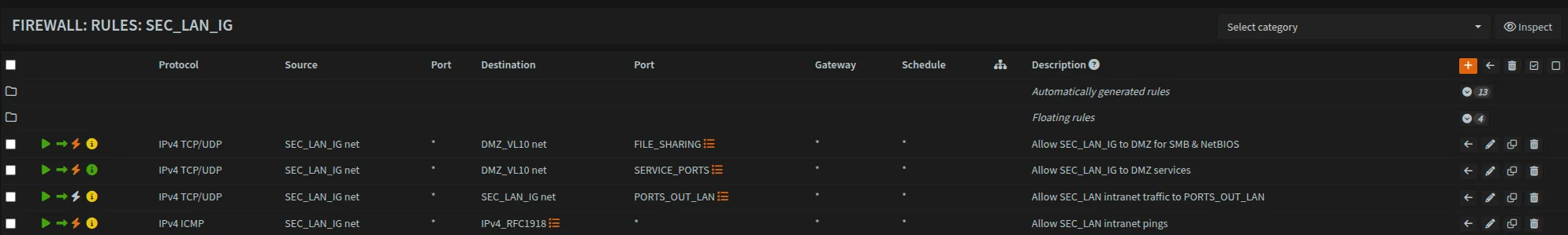 SEC_LAN_IG firewall rules allowing trusted networks access to DMZ services