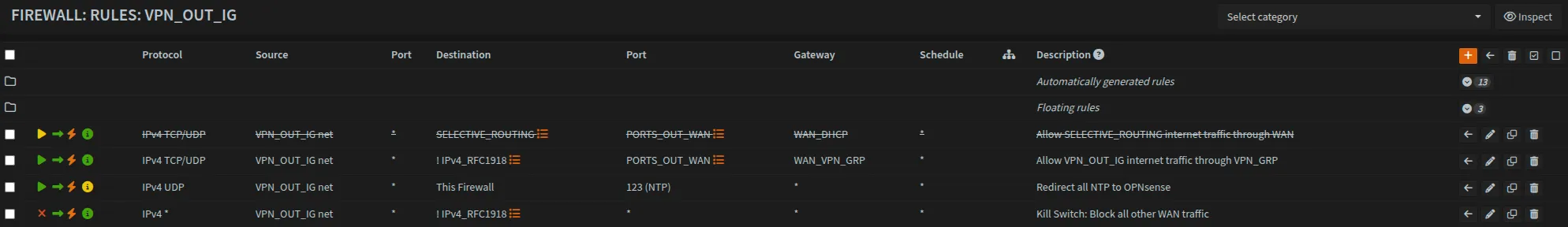 VPN_OUT_IG firewall rules routing internet traffic through WAN_VPN_GRP with kill switch as last rule