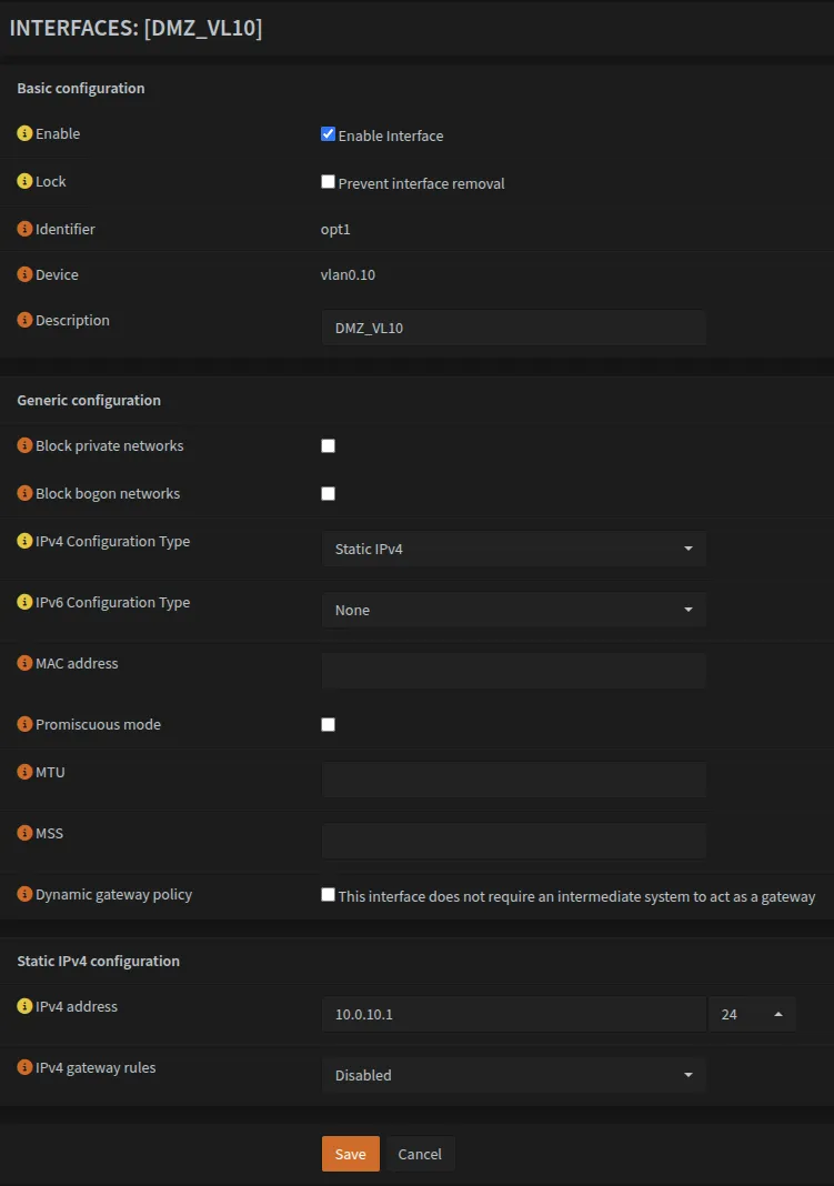 Example Screenshot for setting up VLAN interfaces