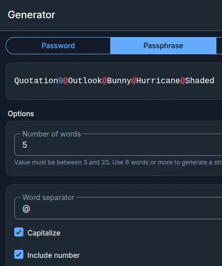 Password Generator example using 5 words with @ as separator and also including a number