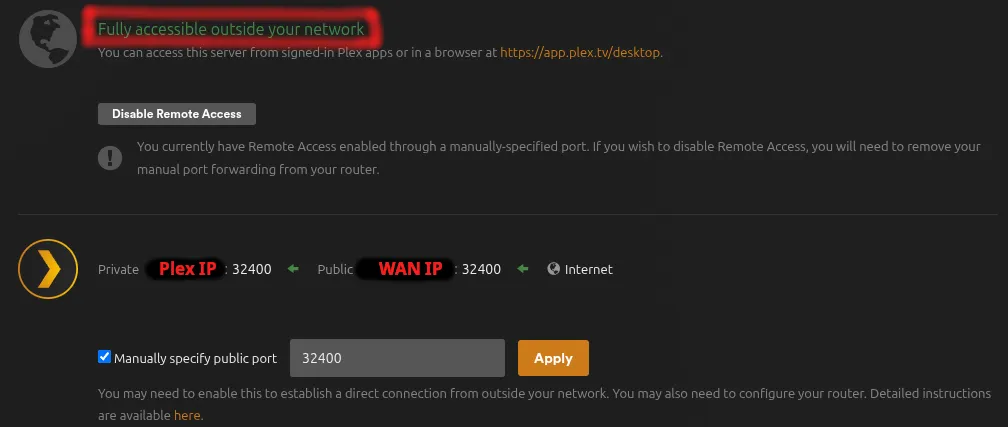 Plex Settings showing Remote Access fully accessible with green checkmark and public WAN IP displayed