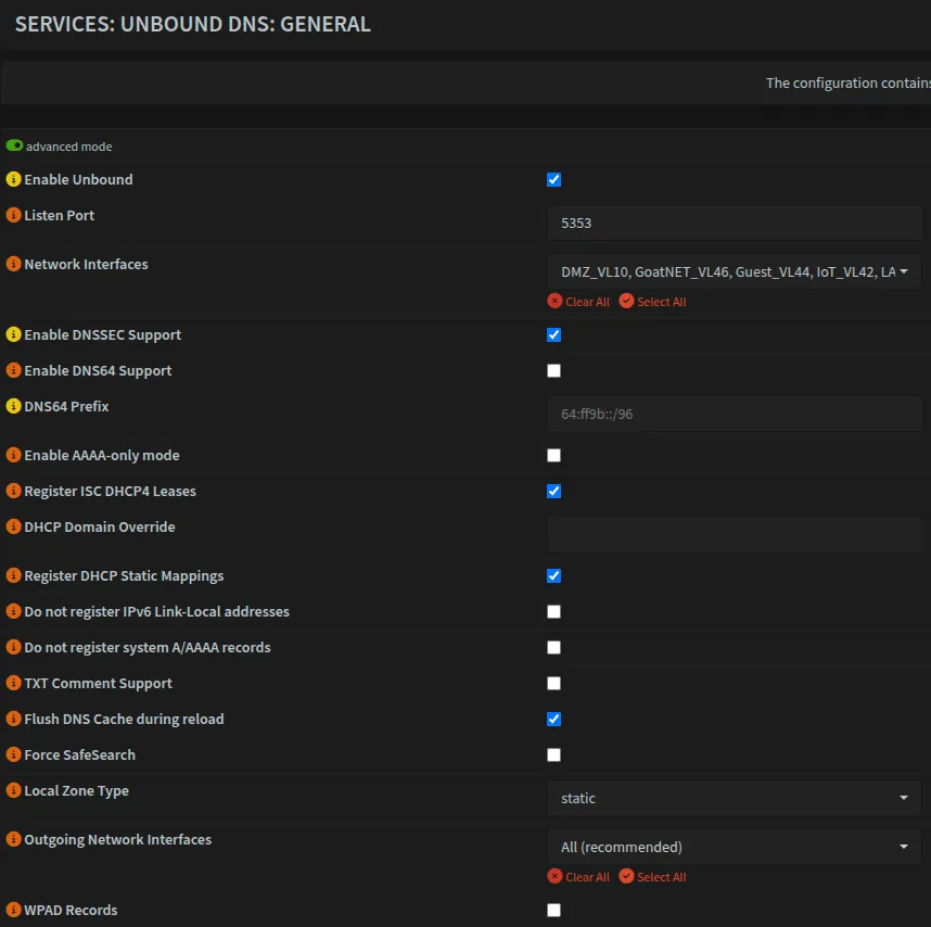Unbound DNS resolver general settings with port 5353 and blank outgoing interfaces
