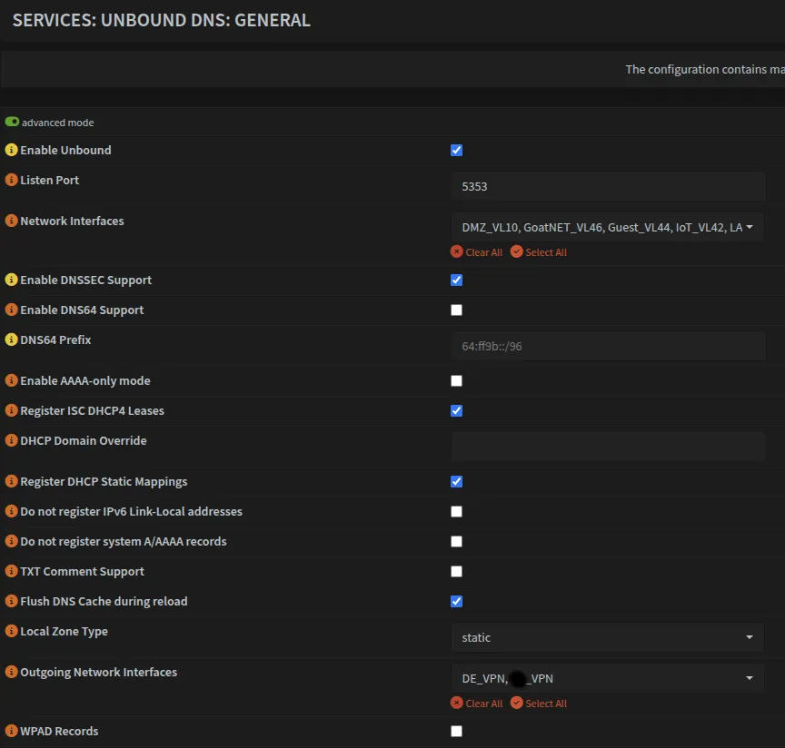 Unbound DNS resolver general settings with port 5353 and VPN outgoing interfaces