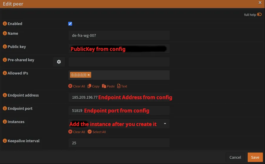 Wireguard VPN Peer Screenshot