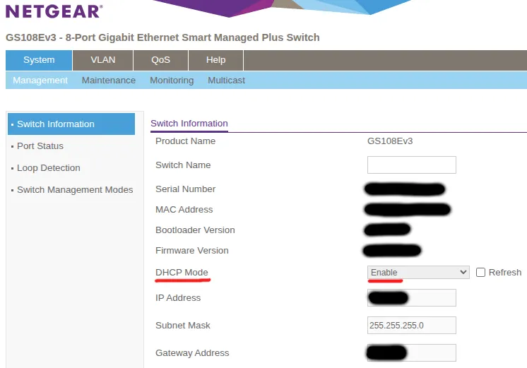 Netgear System Management Switch Information screen showing DHCP Mode checkbox and switch MAC address