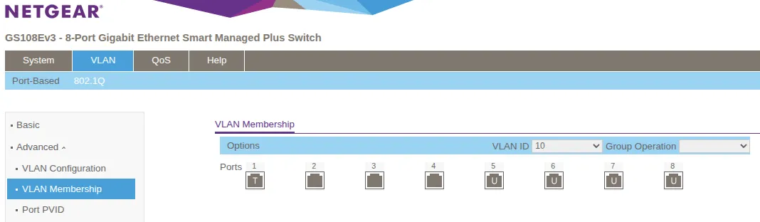 Netgear VLAN 10 membership showing Port 1 as Tagged (T) and Ports 5-8 as Untagged (U)