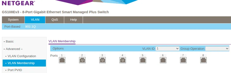 Netgear VLAN 1 membership showing only ports 2-4 marked as Untagged (U), with ports 1 and 5-8 not checked