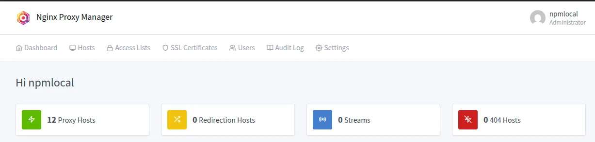 Nginx Proxy Manager dashboard showing 12 Proxy Hosts, 0 Redirection Hosts, 0 Streams, and 0 404 Hosts