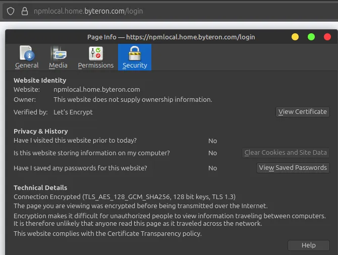 Firefox browser showing npmlocal.home.byteron.com with valid SSL certificate indicated by lock icon, displaying certificate details from Let's Encrypt