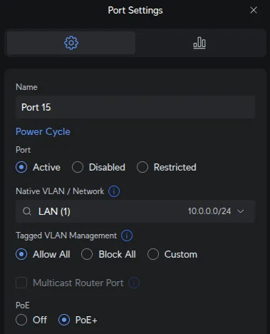 UniFi Port 15 configuration showing Native Network as LAN and Tagged VLAN Management set to Block ALL for USW Flex uplink