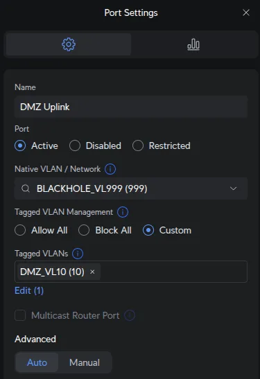 UniFi Port 24 configuration showing Native VLAN as BLACKHOLE_VL999 and Tagged VLAN DMZ_VL10 for DMZ uplink security