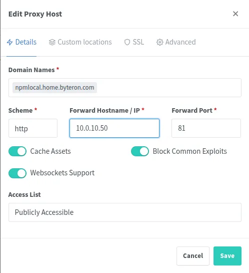NPM Proxy Host Details tab for npmlocal.home.byteron.com showing http scheme, forward to 10.0.10.50 port 81, with Cache Assets, Block Common Exploits, and Websockets Support enabled