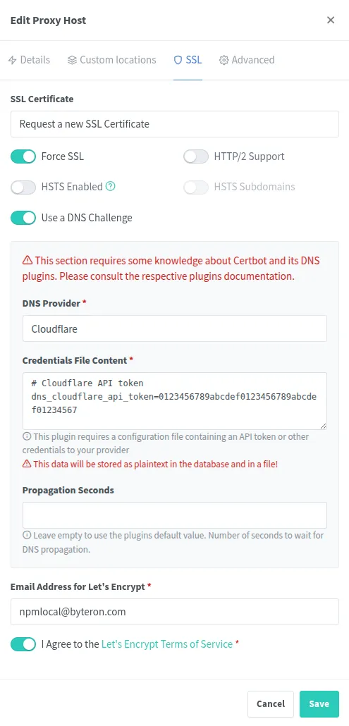 NPM SSL Certificate request dialog showing Let's Encrypt configuration with Cloudflare DNS challenge, including Force SSL, DNS provider selection, Cloudflare API token credentials, and email address for certificate notifications