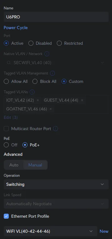 UniFi Port 1 configuration showing WiFi VL(40-42-44-46) port profile assignment for U6 Pro access point