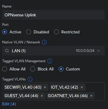 UniFi Port 23 configuration showing Native VLAN as LAN and tagged VLANs for WiFi (40, 42, 44, 46)
