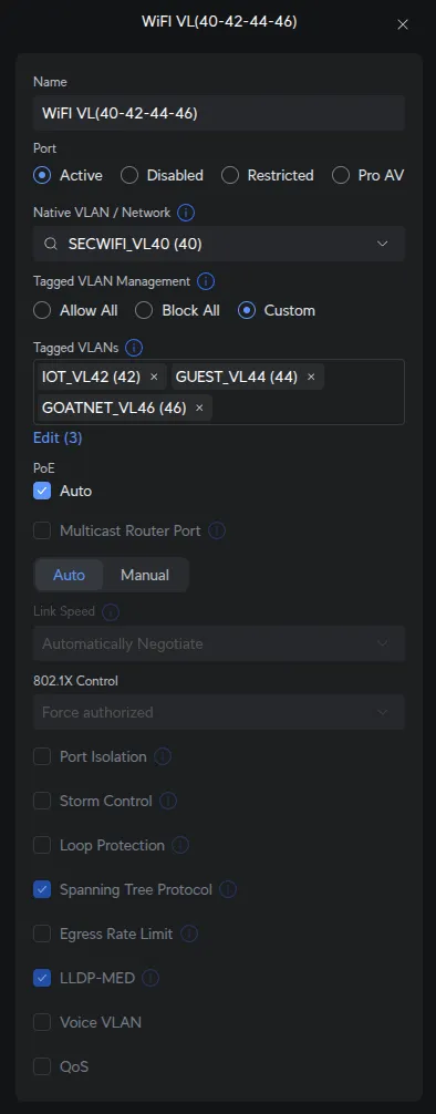 UniFi port profile creation screen showing WiFi VL(40-42-44-46) profile with Native SECWIFI_VL40 and tagged VLANs 42, 44, 46