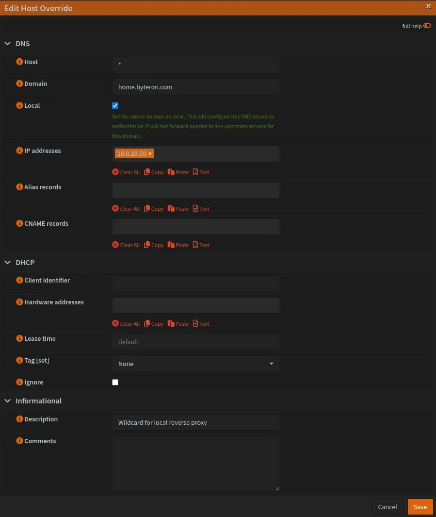 OPNsense DNSmasq Host Override edit dialog showing wildcard (*) host entry for home.byteron.com domain pointing to 10.0.10.50
